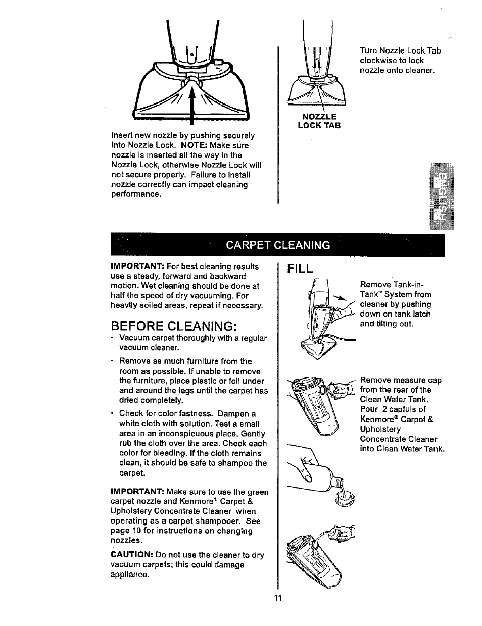 Carpet cleaning, Carpet cleaning -12, Before cleaning | Fill | Kenmore 114.85925 User Manual | Page 11 / 17