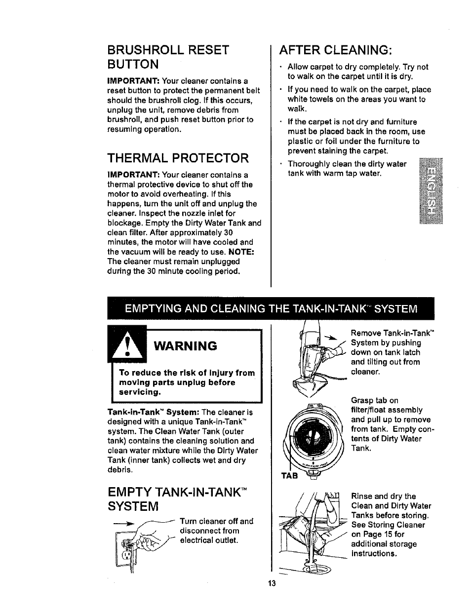 Brushroll reset button, Thermal protector, After cleaning | Emptying and cleaning the tank-in-tank" system, Warning, Empty tank-in-tank™ system, Emptying and cleaning the, Tank-ln-tank’" system -14 | Kenmore 114.85925 User Manual | Page 13 / 17