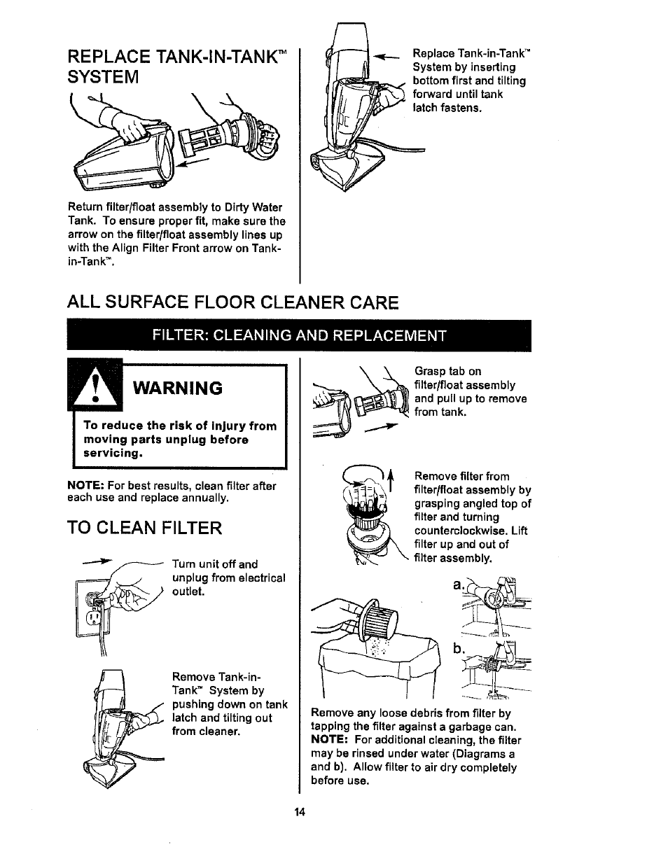 Replace tank-in-tank^ system, All surface floor cleaner care, Filter; cleaning and replacement | To clean filter, Warning | Kenmore 114.85925 User Manual | Page 14 / 17