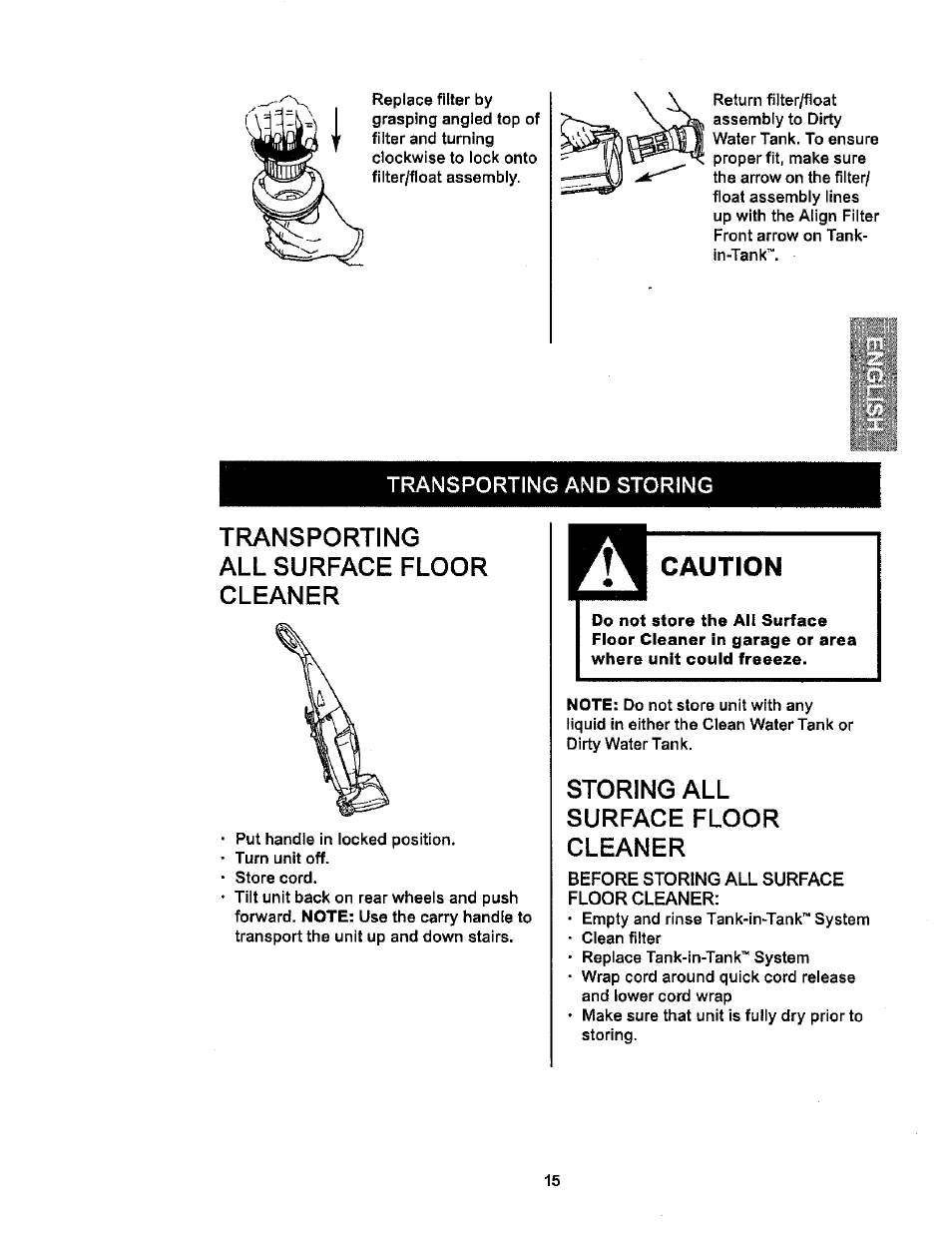 Transporting and storing, Before storing all surface floor cleaner, Transporting all surface floor cleaner | Storing all surface floor cleaner | Kenmore 114.85925 User Manual | Page 15 / 17