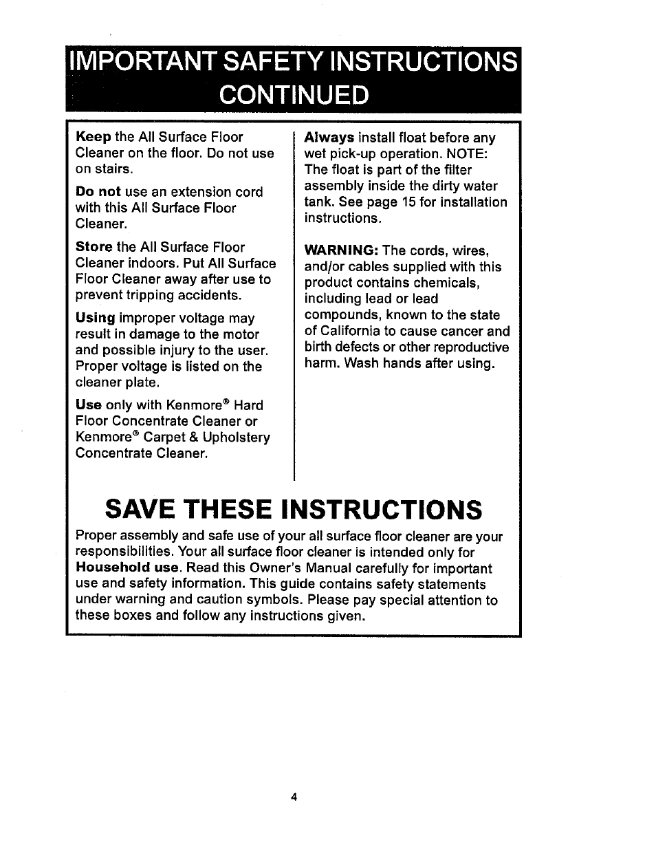 Important safety instructions, Continued, Save these instructions | Important safety instructions continued | Kenmore 114.85925 User Manual | Page 4 / 17