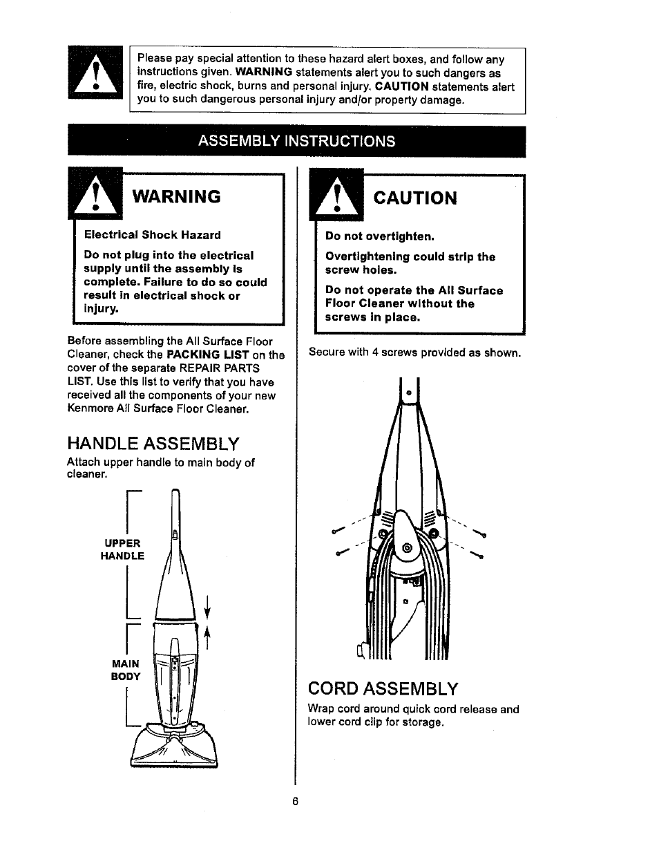 Assembly instructions, Warning, Handle assembly | Caution, Cord assembly | Kenmore 114.85925 User Manual | Page 6 / 17