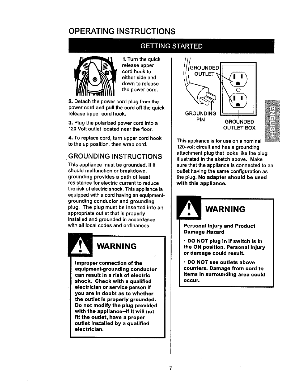 Operating instructions, Getting started, Grounding instructions | Operating instructions -8, Getting started cleaning instructions | Kenmore 114.85925 User Manual | Page 7 / 17