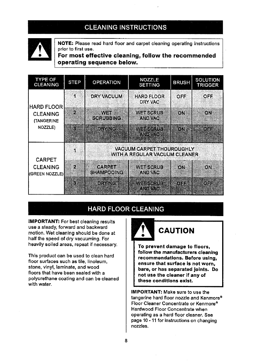 Cleaning instructions, Hard floor cleaning, Hard floor cleaning -10 | Caution | Kenmore 114.85925 User Manual | Page 8 / 17