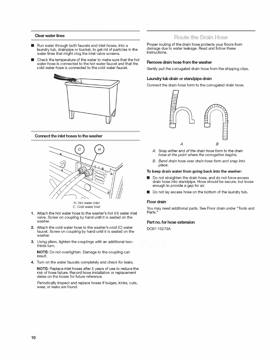 Connect the inlet hoses to the washer, Remove drain hose from the washer, Laundry tub drain or standpipe drain | Part no. for hose extension | Kenmore 4908 User Manual | Page 10 / 30
