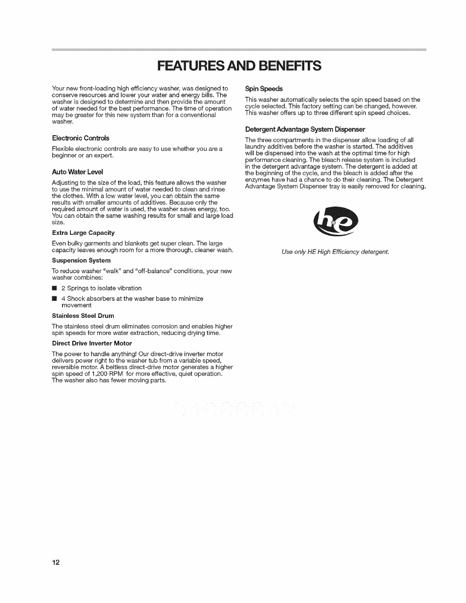 Spin speeds, Detergent advantage system dispenser, Features and benefits | Kenmore 4908 User Manual | Page 12 / 30