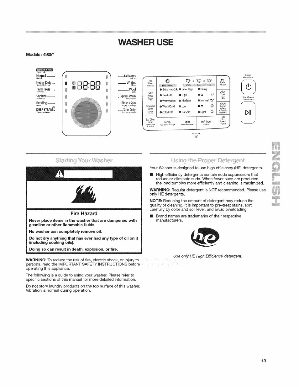 Models: 4908, Washer use, Sgi»s3 | Fire hazard | Kenmore 4908 User Manual | Page 13 / 30
