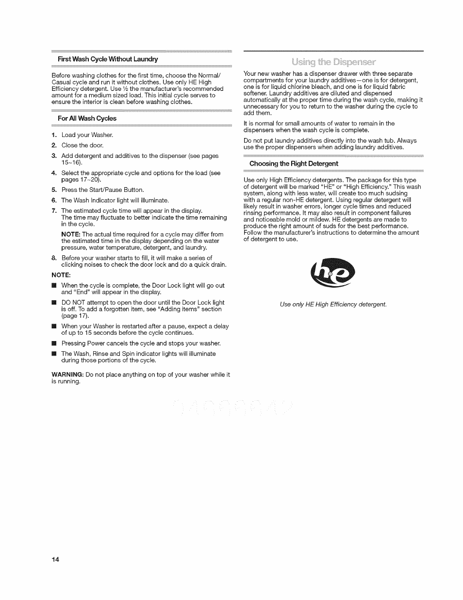 For all wash cycles, Choosing the right detergent | Kenmore 4908 User Manual | Page 14 / 30