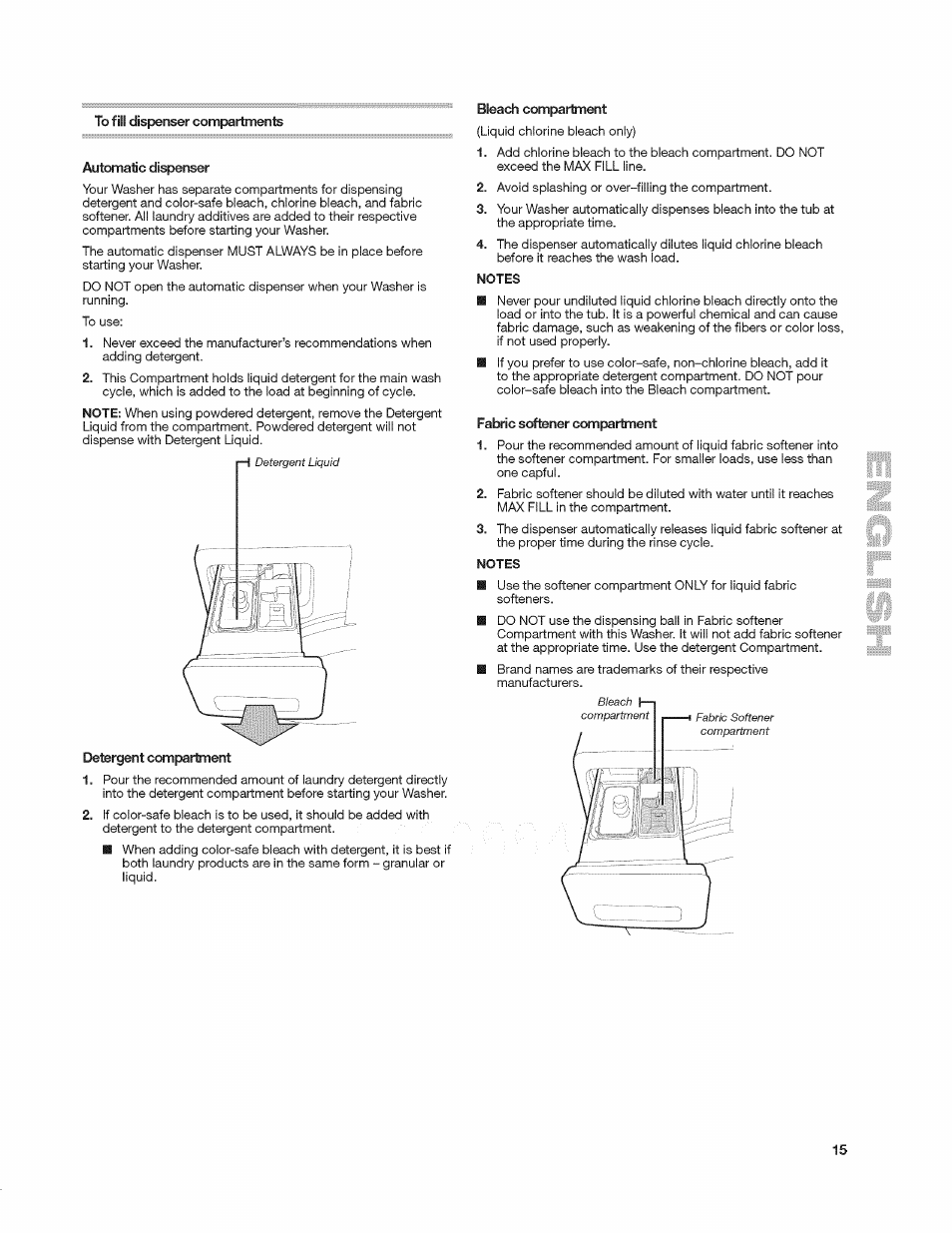 To fill dispenser compartments, Automatic dispenser, Detergent compartment | Bleach compartment, Fabric softener compartment | Kenmore 4908 User Manual | Page 15 / 30