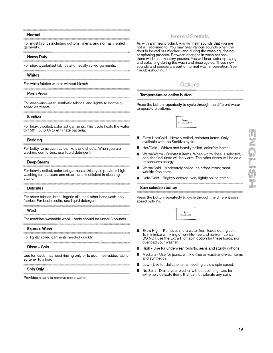 Heavy duty, Whites, Sanitize | Bedding, Deep steam, Temperature selection button, Wool, Rinse + spin, Spin only, Spin selection button | Kenmore 4908 User Manual | Page 19 / 30