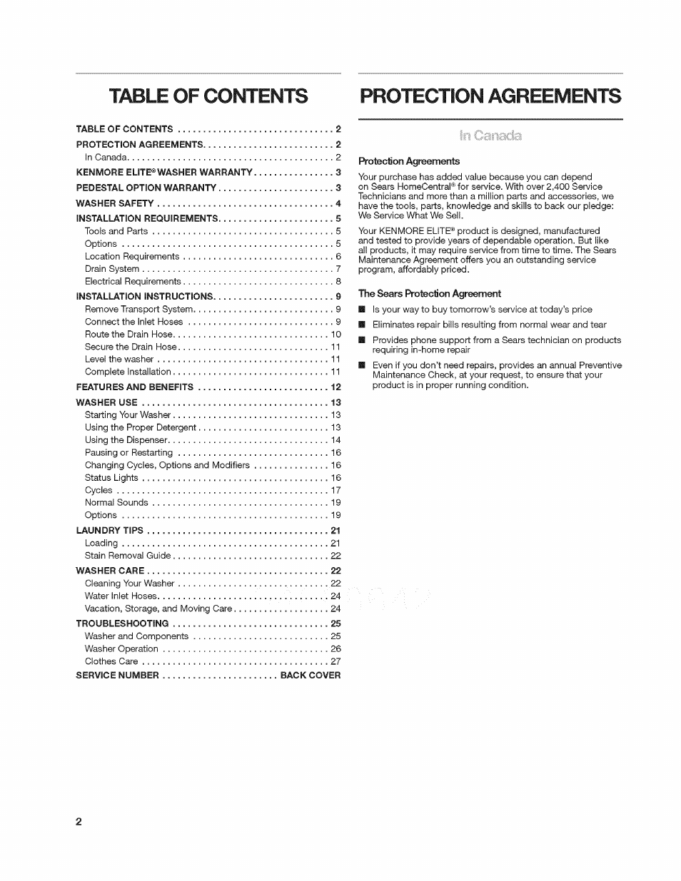 Table of contents protection agreements | Kenmore 4908 User Manual | Page 2 / 30