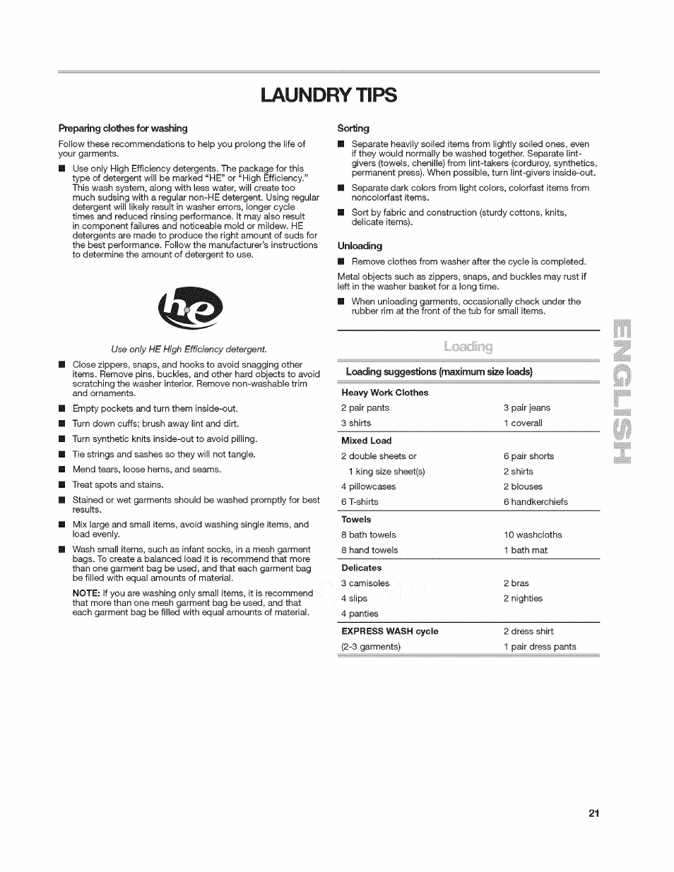 Sorting, Unloading, Laundry tips | Kenmore 4908 User Manual | Page 21 / 30