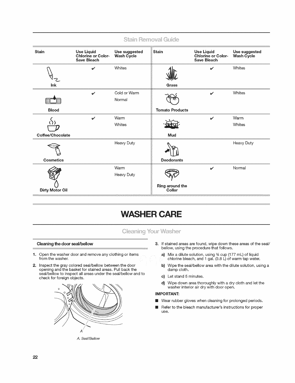 Washer care | Kenmore 4908 User Manual | Page 22 / 30