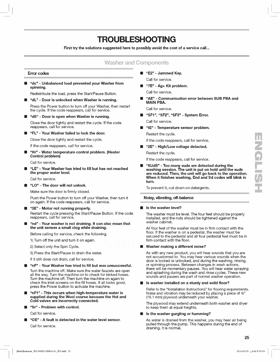 Error codes, Troubleshooting | Kenmore 4908 User Manual | Page 25 / 30