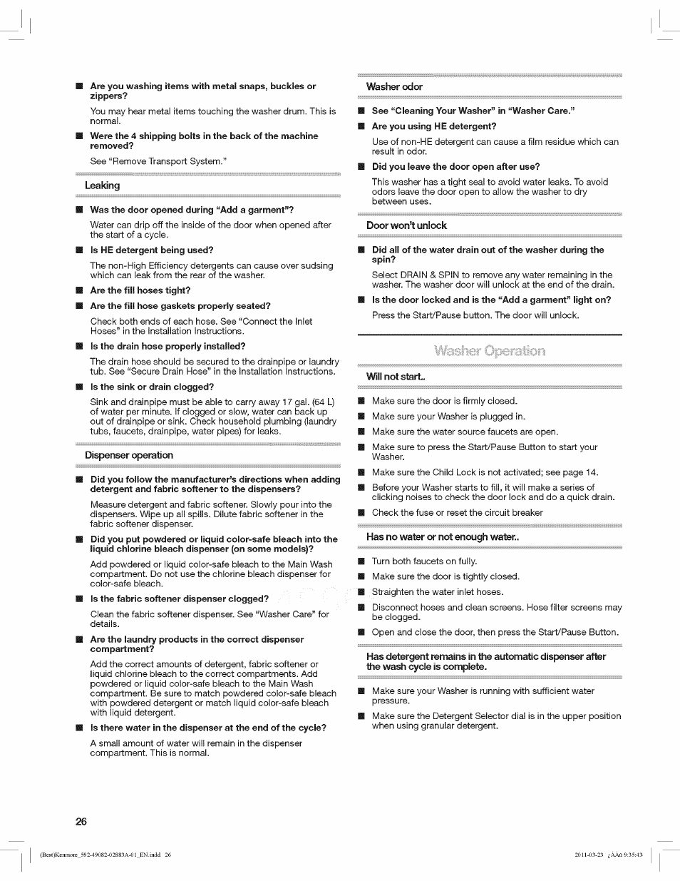 Leaking, Dispenser operation, Door won't unlock | Will not start | Kenmore 4908 User Manual | Page 26 / 30
