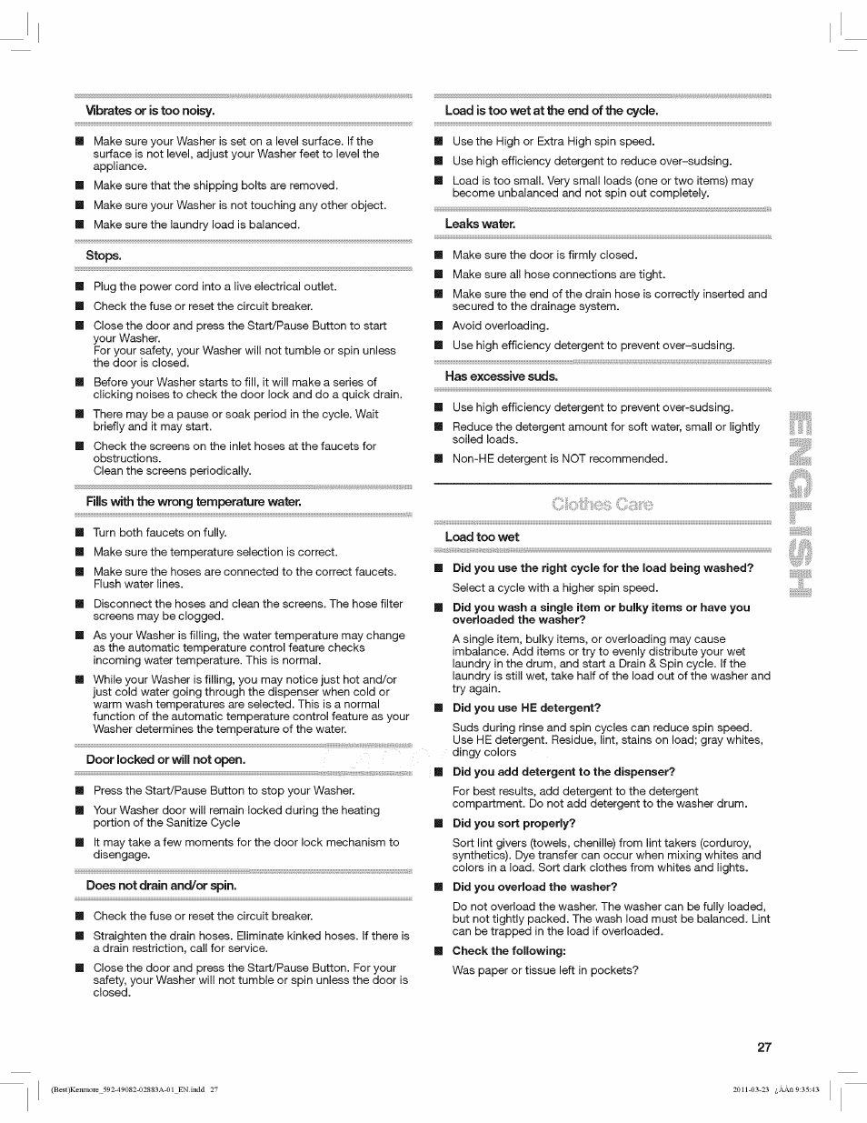 Leaks water, Stops, Fills with the wrong temperature water | Has excessive suds, Door locked or will not open, Does not drain and/or spin, Load too wet | Kenmore 4908 User Manual | Page 27 / 30