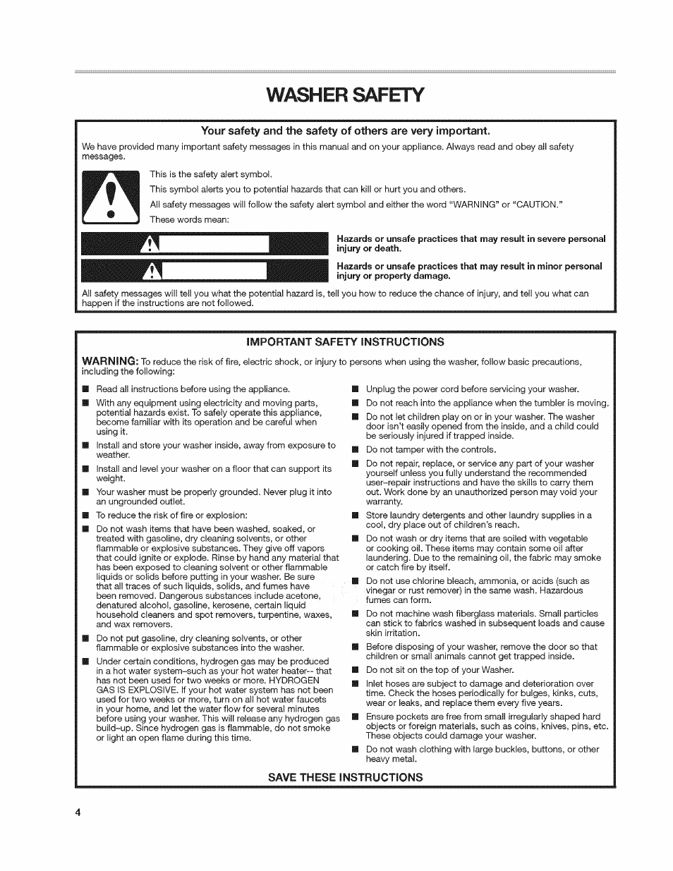 Washer safety | Kenmore 4908 User Manual | Page 4 / 30