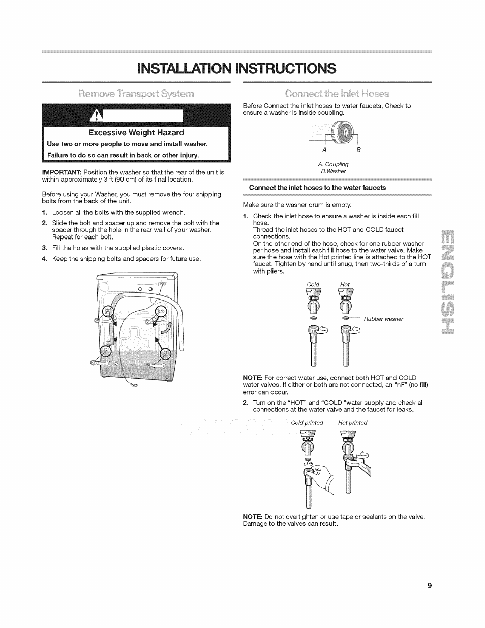 Connect the inlet hoses to the water faucets, Installation instructions | Kenmore 4908 User Manual | Page 9 / 30