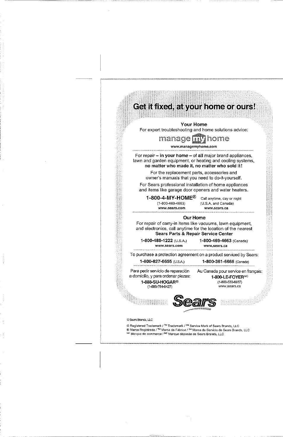 Get it fixed, at your home or ours, Manage | Kenmore 100.12934 User Manual | Page 14 / 14