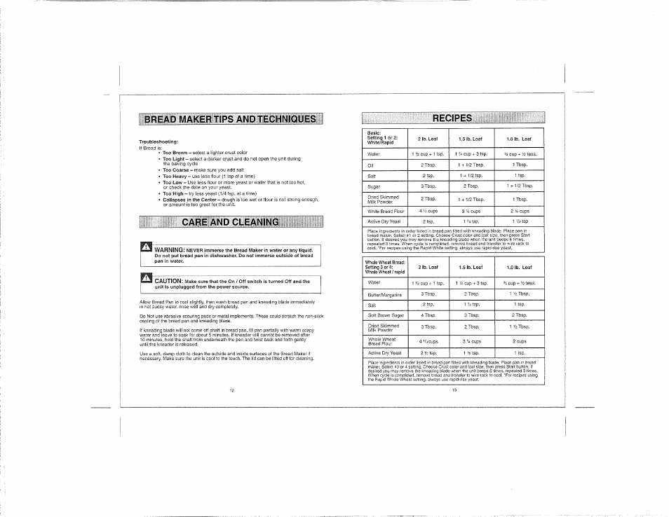 Bread maker tips and techniques j, Care and cleaning, Recipes | Kenmore 100.12934 User Manual | Page 7 / 14