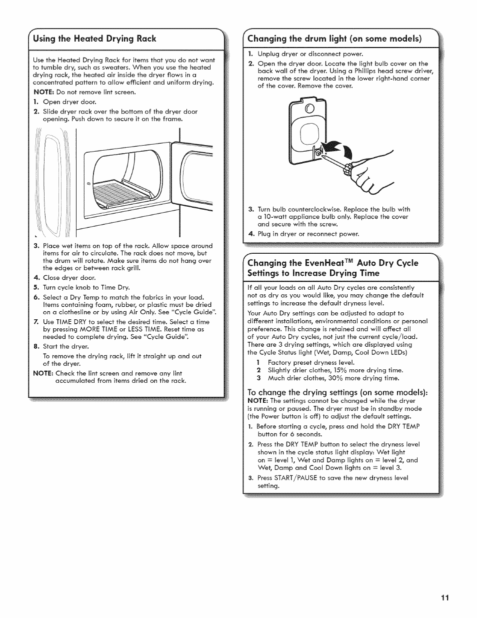 Changing the drum light (on some models), Using the heated drying rack | Kenmore 6800 User Manual | Page 11 / 44