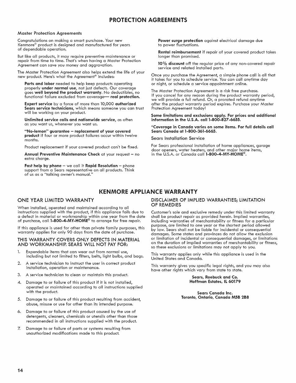 Master protection agreements, Sears installation service, Kenmore appliance warranty | One year limited warranty, Protection agreements | Kenmore 6800 User Manual | Page 14 / 44