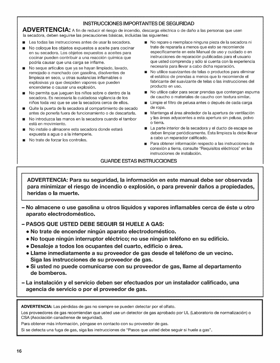 Instrucciones importantes de seguridad, Guarde estas instrucciones, Advertencia | Todas | Kenmore 6800 User Manual | Page 16 / 44