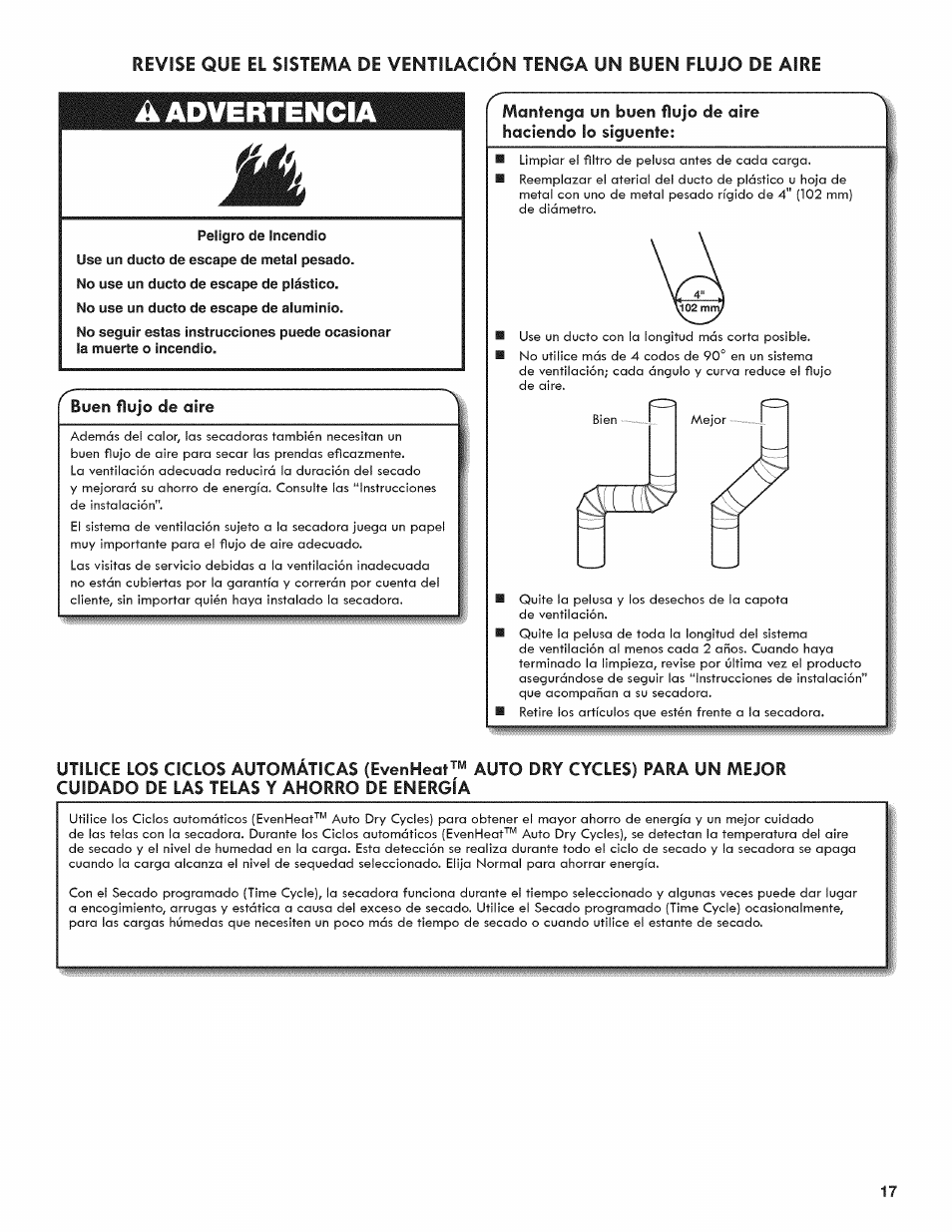 A advertencia, Peligro de incendio | Kenmore 6800 User Manual | Page 17 / 44