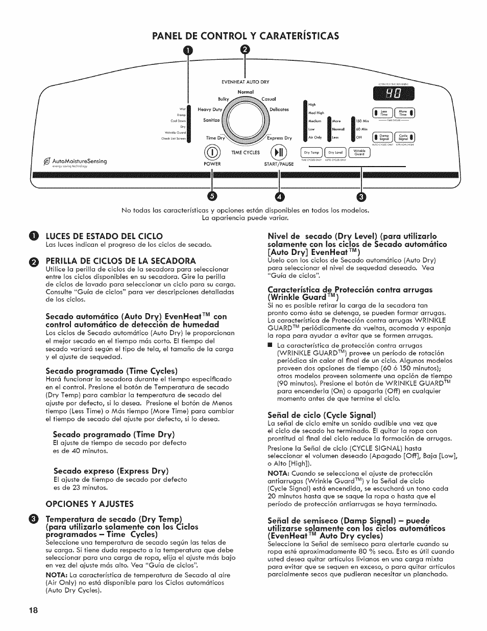 Luces de estado del ciclo, Perilla de ciclos de la secadora, Secado expreso (express dry) | Opciones y ajustes, Señal de ciclo (cycle signal), Panel de control y carateristicas | Kenmore 6800 User Manual | Page 18 / 44