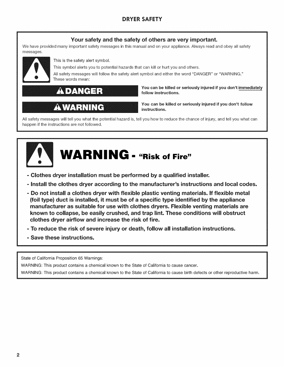 Adanger, Awarning, Risk of fire | Warning | Kenmore 6800 User Manual | Page 2 / 44