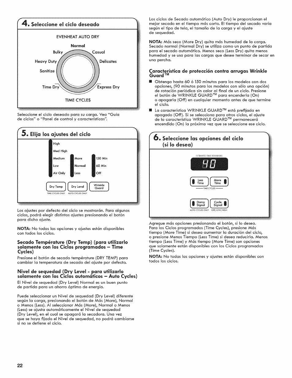 5» elija los ajustes del ciclo, 6» seleccione las opciones del ciclo (si lo desea) | Kenmore 6800 User Manual | Page 22 / 44