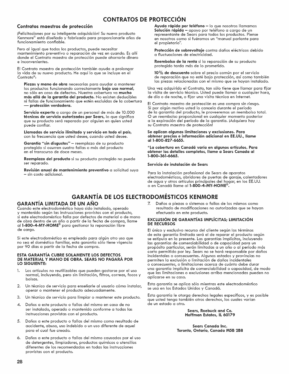 Contratos maestros de protección, Garantia de los electrodomesticos kenmore, Garantía limitada de un año | Contratos de protección, Contratos de proteccion, Limitada | Kenmore 6800 User Manual | Page 28 / 44