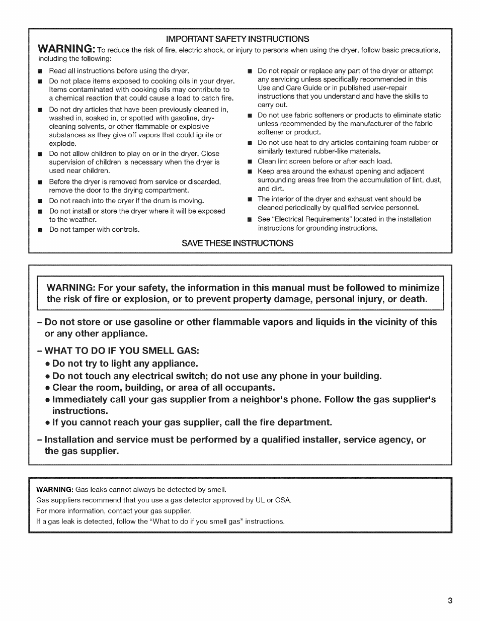 Save these instructions, What to do if you smell gas, Do not try to light any appliance | Clear the room, building, or area of all occupants, Warning | Kenmore 6800 User Manual | Page 3 / 44