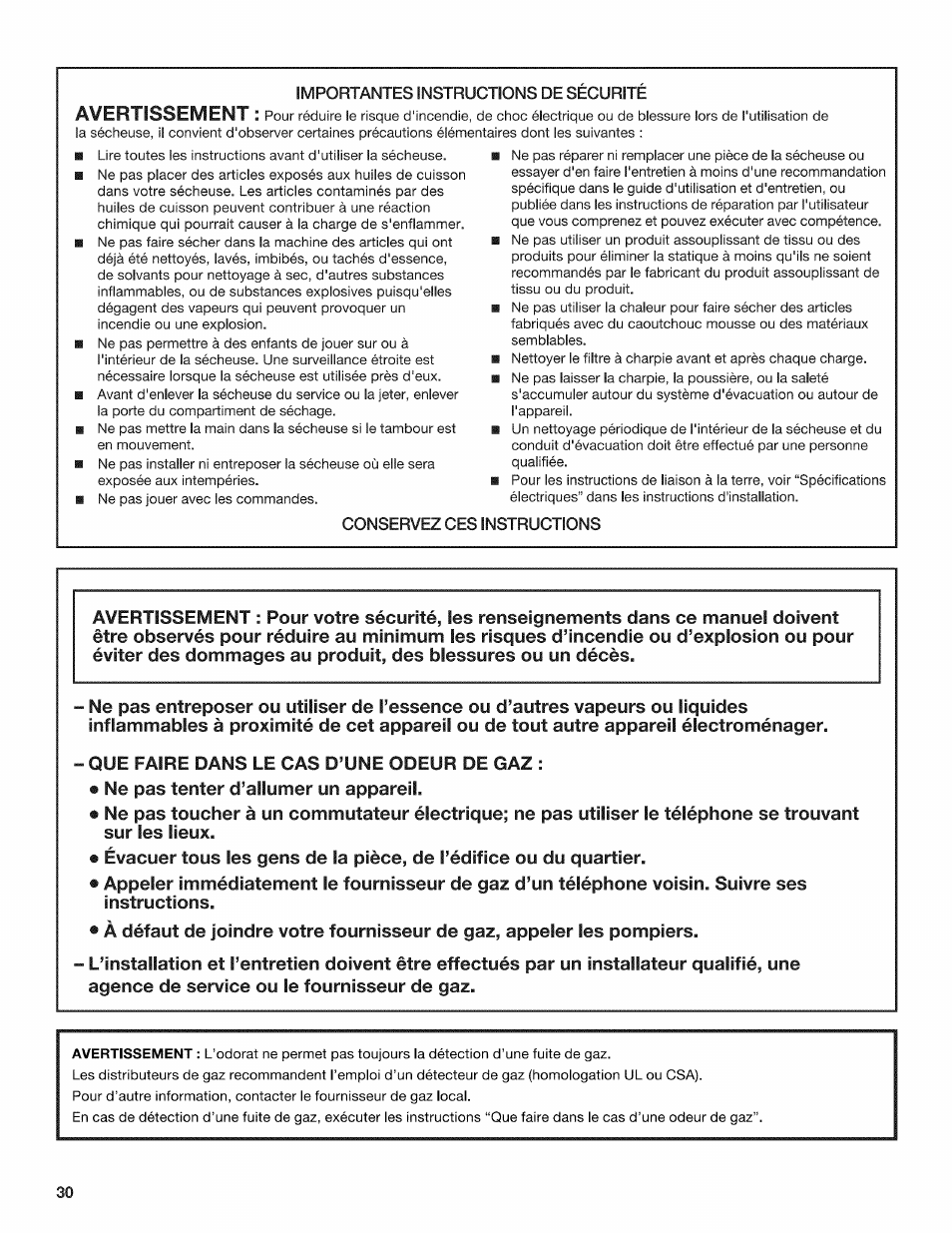Avertissement, Huiles | Kenmore 6800 User Manual | Page 30 / 44
