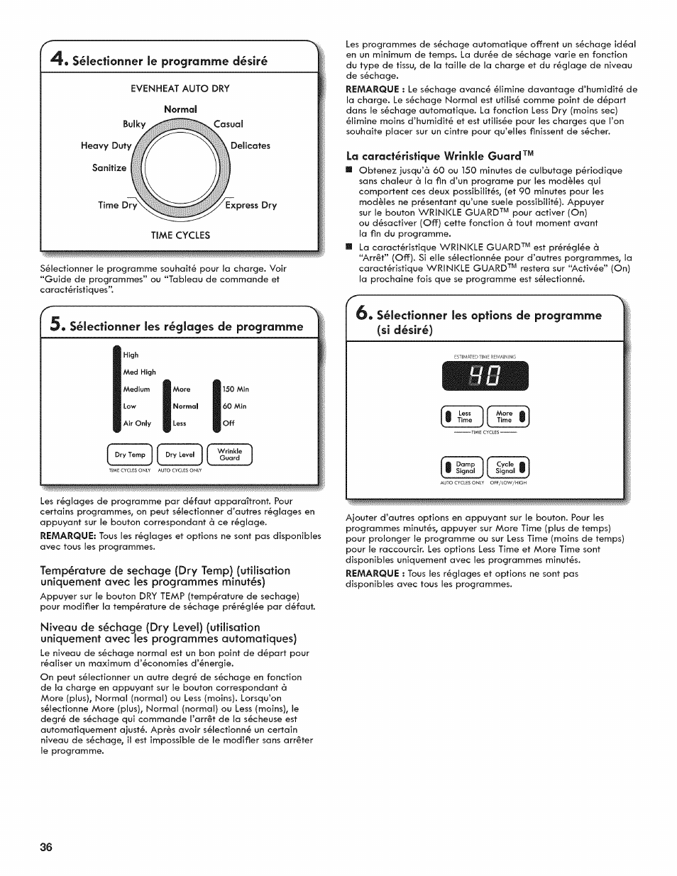 La caractéristique wrinkle guard, Sélectionner les réglages de programme, Niveau de | Kenmore 6800 User Manual | Page 36 / 44