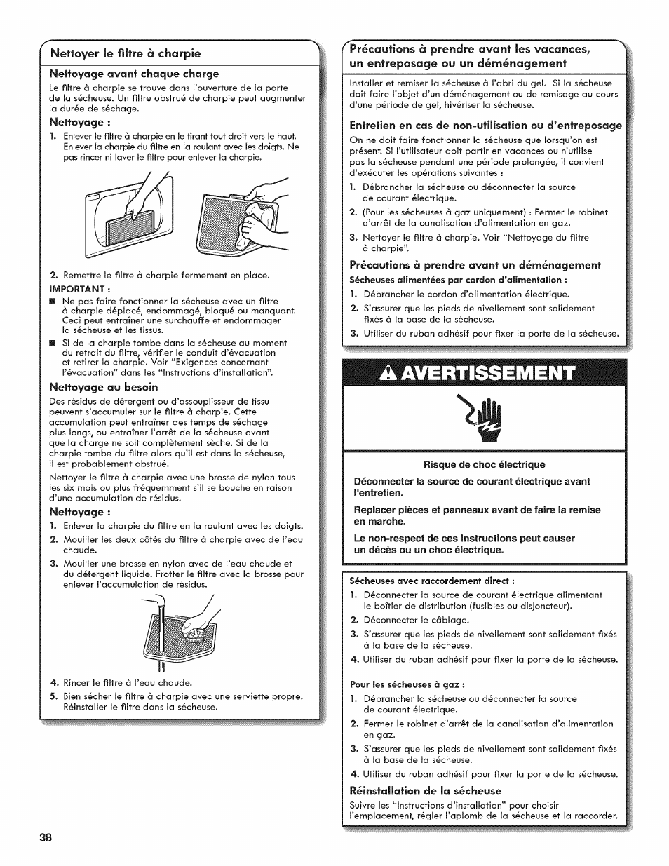 A avertissement, Risque de choc électrique, Réinstallation de la sécheuse | Utilisation de la secheuse | Kenmore 6800 User Manual | Page 38 / 44