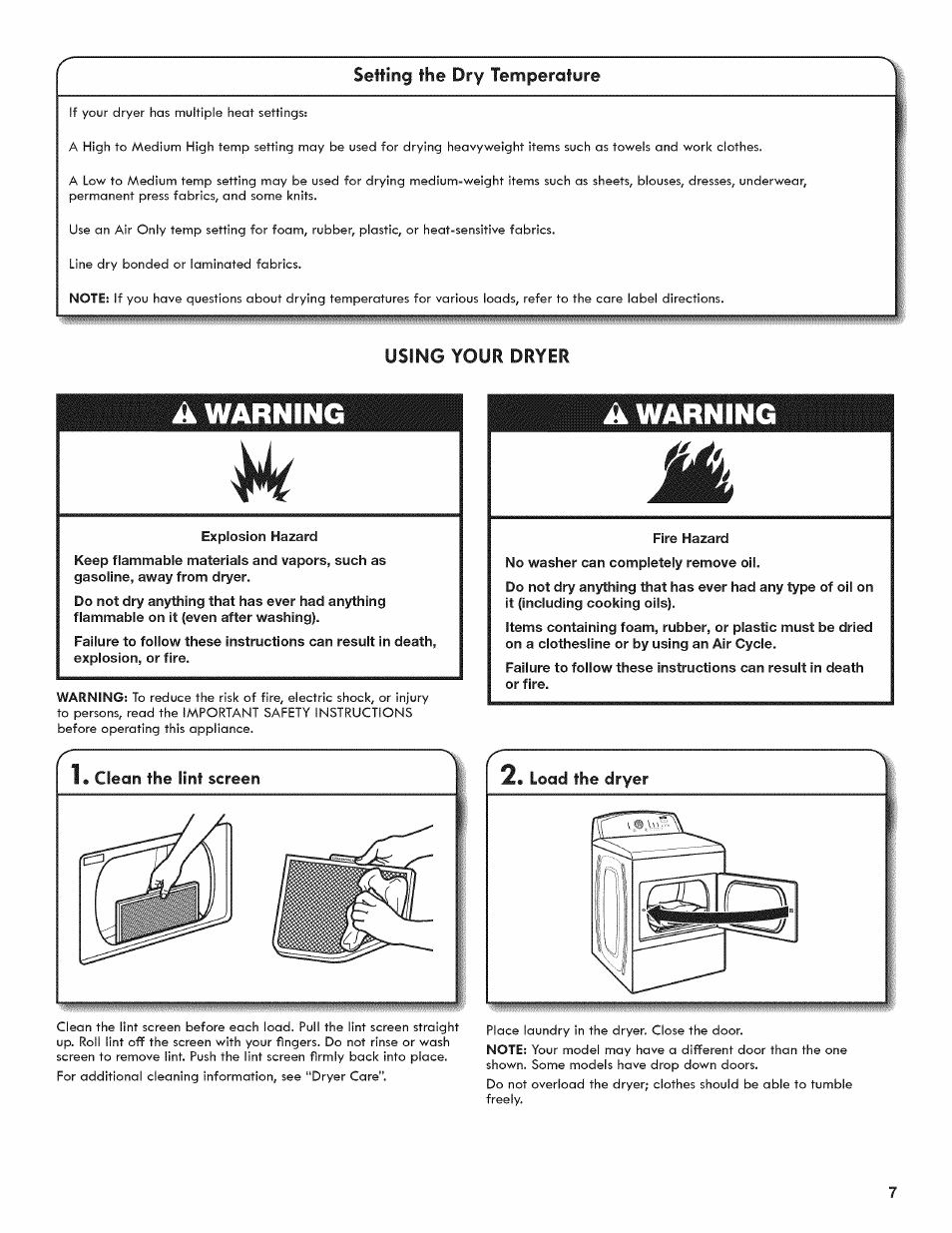 Setting the dry temperature, Using your dryer, A warning | Explosion hazard, 1* clean the lint, Fire hazard, Warning | Kenmore 6800 User Manual | Page 7 / 44