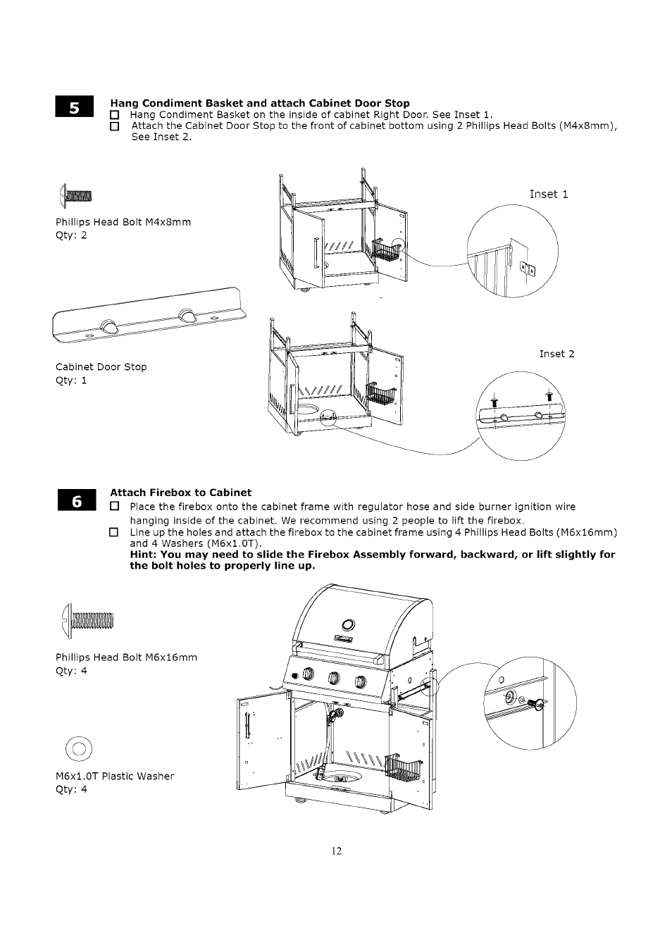 Hang condiment basket and attach cabinet door stop, Attach firebox to cabinet | Kenmore 119.163018 User Manual | Page 12 / 31