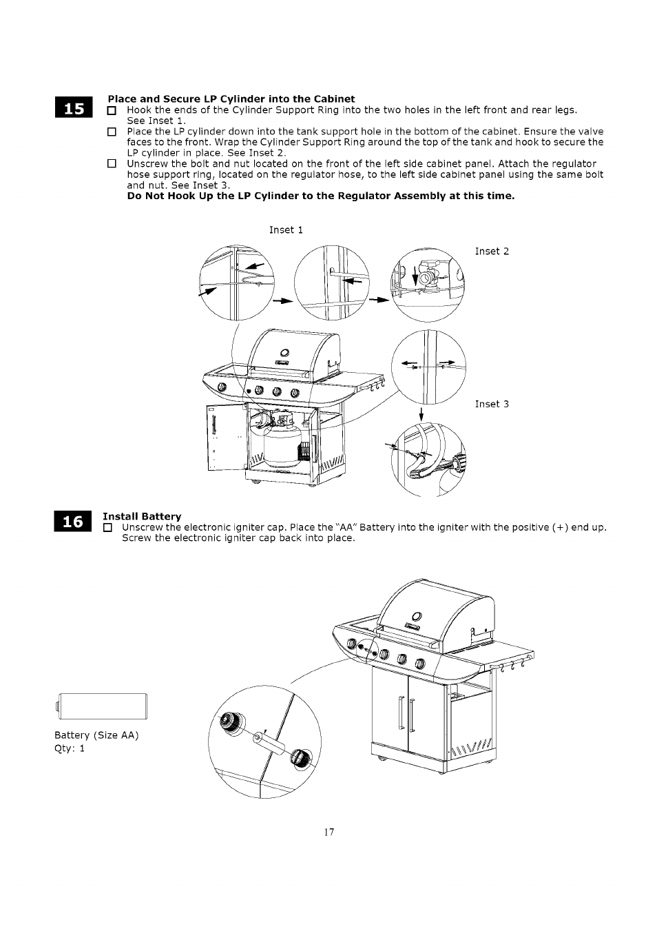 Place and secure lp cylinder into the cabinet, Install battery | Kenmore 119.163018 User Manual | Page 17 / 31