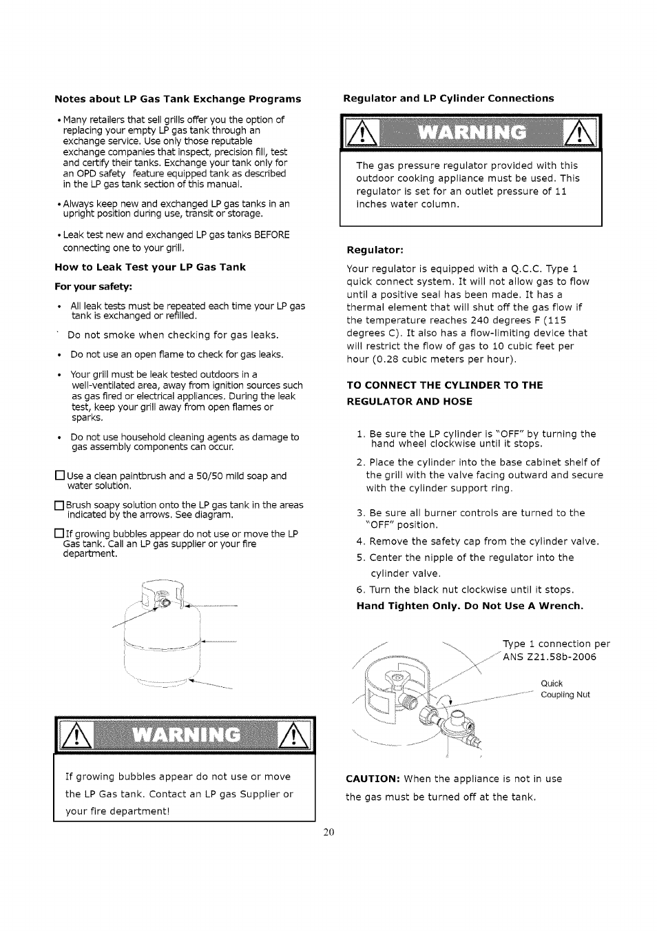 How to leak test your lp gas tank, For your safety, Regulator | To connect the cylinder to the regulator and hose | Kenmore 119.163018 User Manual | Page 20 / 31