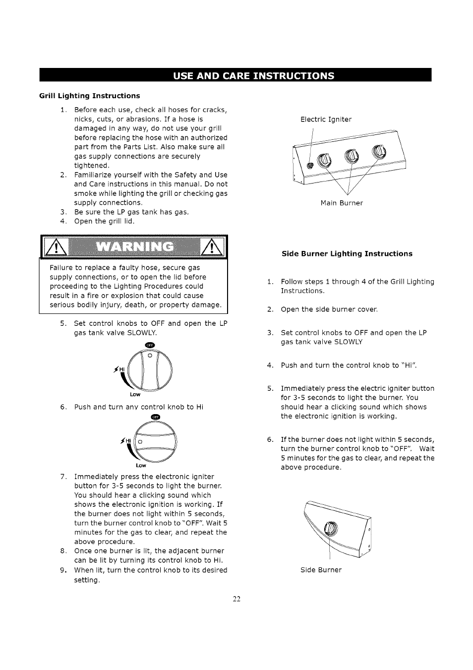 Side burner lighting instructions | Kenmore 119.163018 User Manual | Page 22 / 31