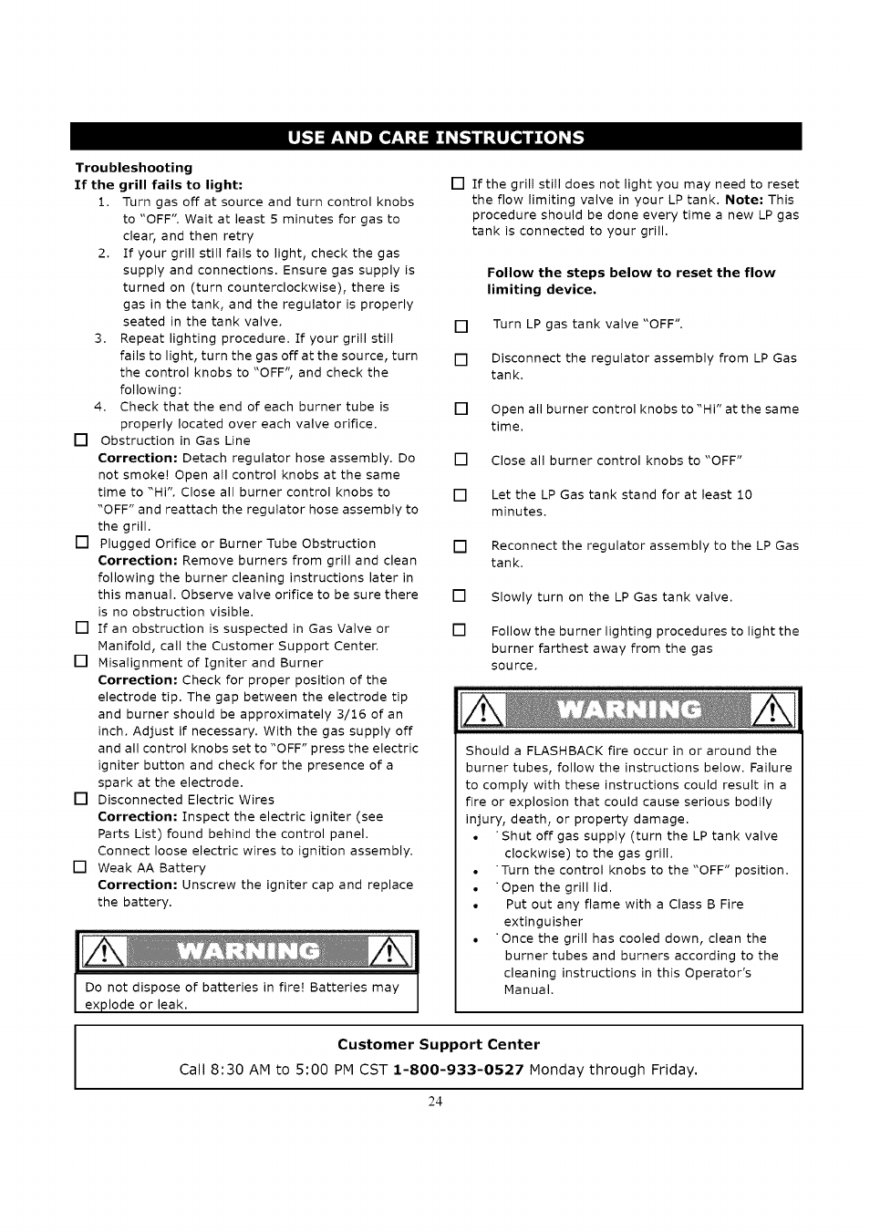 Troubleshooting if the grill fails to light | Kenmore 119.163018 User Manual | Page 24 / 31