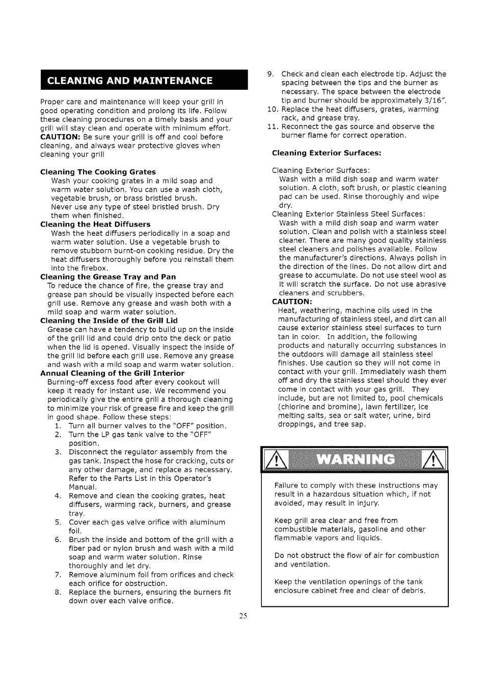 Cleaning the cooking grates, Cleaning exterior surfaces, Caution | Cleaning and maintenance | Kenmore 119.163018 User Manual | Page 25 / 31