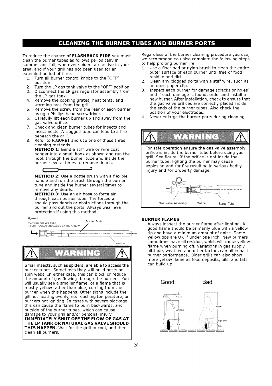 Burner flames, Cleaning the burner, Es and burner ports | Good | Kenmore 119.163018 User Manual | Page 26 / 31