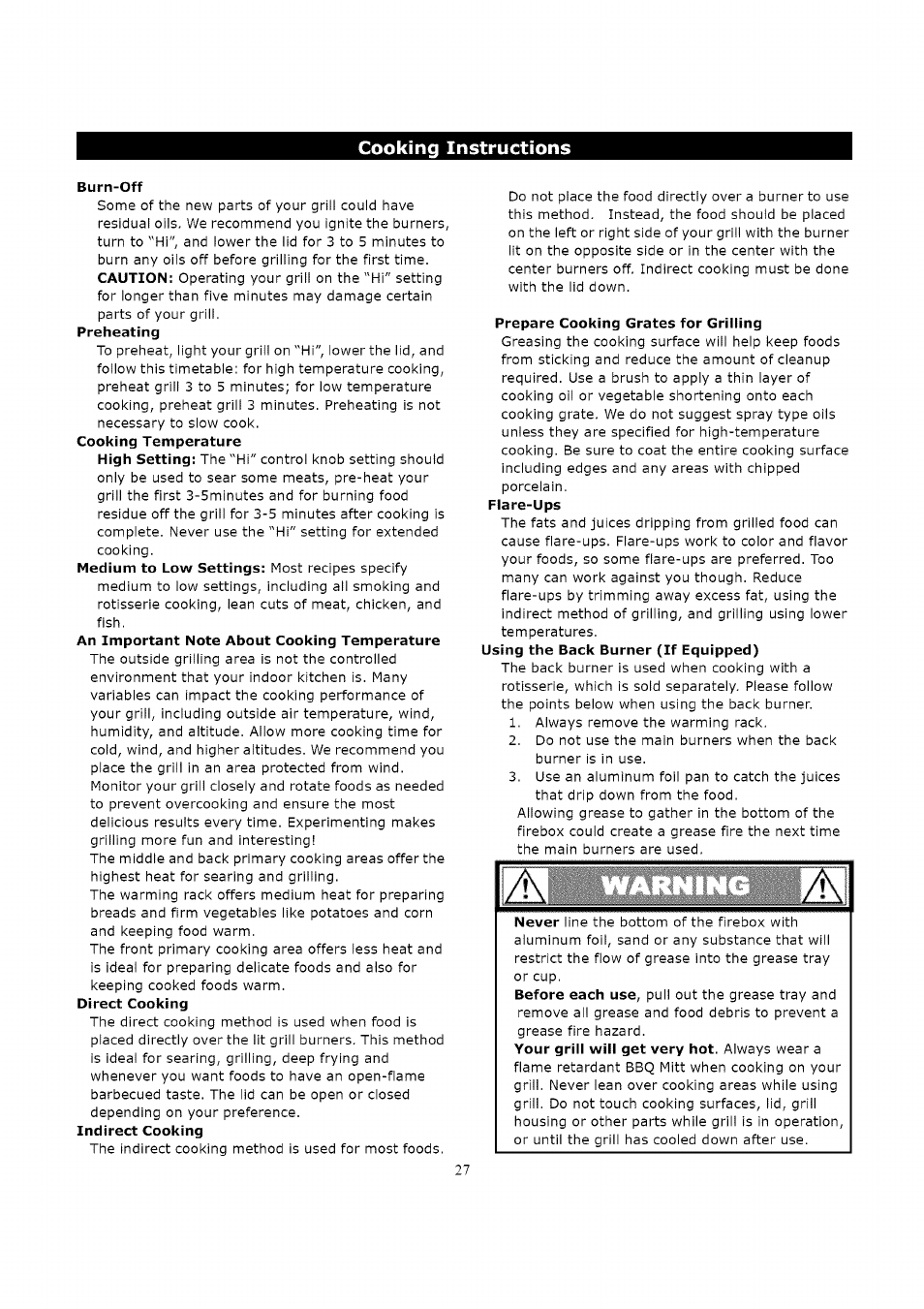 Burn-off, Prepare cooking grates for grilling, Cooking instructions | Kenmore 119.163018 User Manual | Page 27 / 31