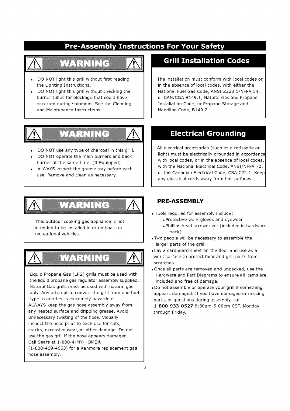 Pre-assembly instructions for your safety, Grill installation codes, Electrical grounding | Kenmore 119.163018 User Manual | Page 3 / 31