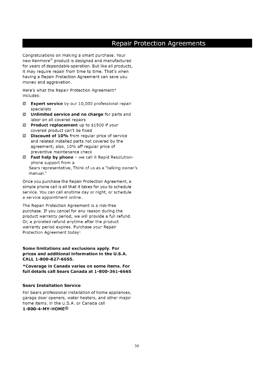 Sears installation service, Repair protection agreements | Kenmore 119.163018 User Manual | Page 30 / 31