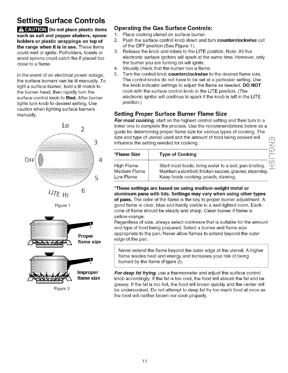 Operating the gas surface controls, Setting proper surface burner flame size, Type of cooking | Setting surface controls | Kenmore 790.75603 User Manual | Page 11 / 46