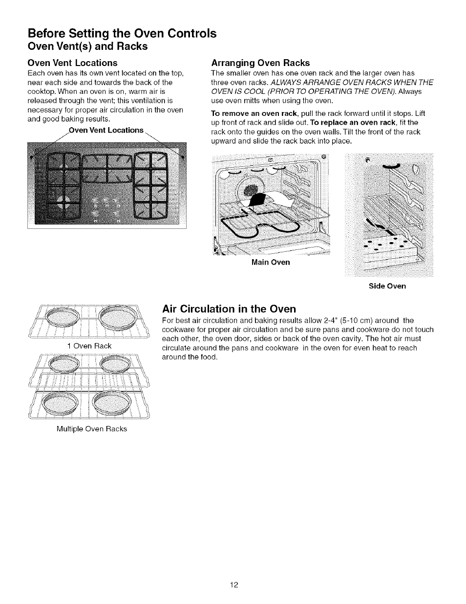 Before setting the oven controls, Oven vent(s) and racks, Arranging oven racks | Air circulation in the oven, Before setting surface controls | Kenmore 790.75603 User Manual | Page 12 / 46