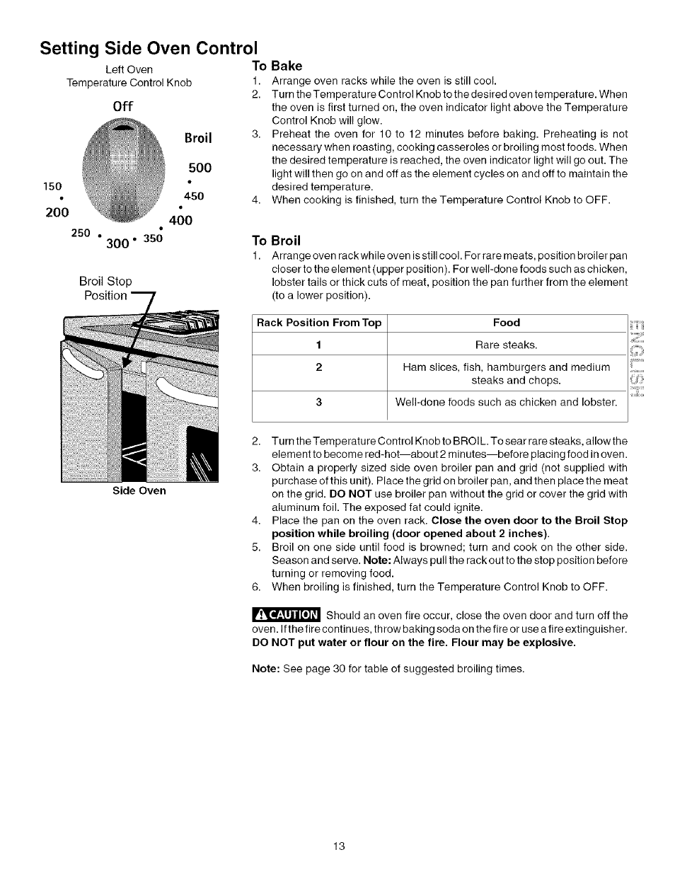 Broil, To bake, To broil | À caution, Setting side oven control | Kenmore 790.75603 User Manual | Page 13 / 46